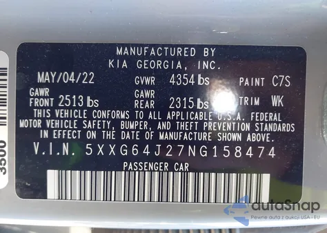 2022 Kia K5 Gt-Line из США, поврежденный, VIN 5XXG64J27NG158474